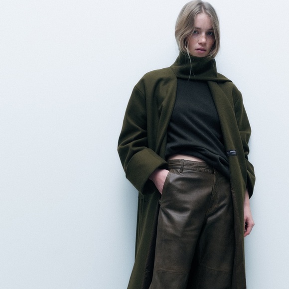 ZARA KHAKI MANTECO WOOL SCARF COATZW COLLECTION - Picture 2 of 14